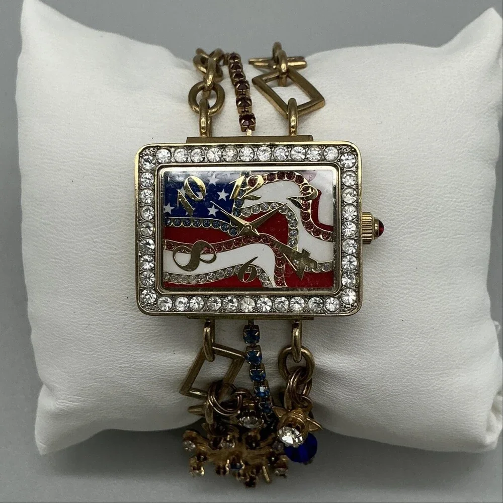 Lunch At The Ritz 2GO Womens Watch 34mm Flag Dial Gold Charms New Battery 7.5